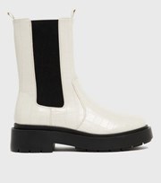 New Look Off White Faux Croc Chunky High Ankle Boots